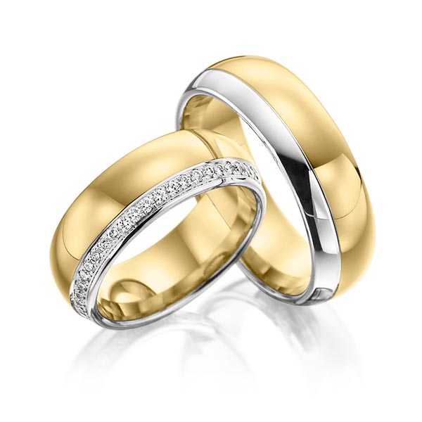 Set Bicolor Memoire-trouwringen in witgoud 14 kt. geelgoud 14 kt. volledig gezet met in totaal 0,48 ct. Briljant tw/si van Steinberg - Q-1069-2