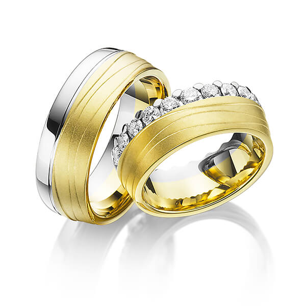 Set Bicolor Memoire-trouwringen in witgoud 14 kt. geelgoud 14 kt. volledig gezet met in totaal 1,84 ct. Briljant tw/si van Steinberg - T-1146-4