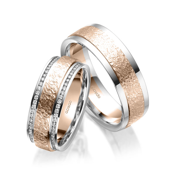 Set Bicolor Memoire-trouwringen in witgoud 14 kt. roodgoud 14 kt. , crushed volledig gezet met in totaal 0,59 ct. Briljant tw/si van acredo - A-2054-7