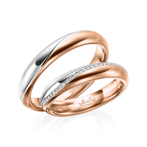 Set Bicolor Memoire-trouwringen in witgoud 14 kt. roodgoud 14 kt. volledig gezet met in totaal 0,31 ct. Briljant tw/si van Steinberg