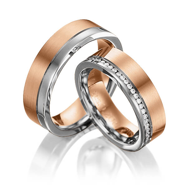Set Bicolor Memoire-trouwringen in witgoud 14 kt. roodgoud 14 kt. volledig gezet met in totaal 0,384 ct. Briljant tw/si van Eternal Touch