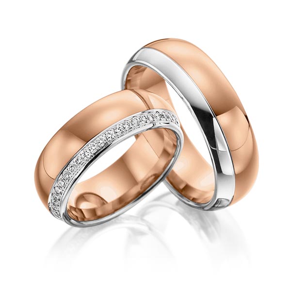 Set Bicolor Memoire-trouwringen in witgoud 14 kt. roodgoud 14 kt. volledig gezet met in totaal 0,48 ct. Briljant tw/si van Steinberg - Q-1069-3