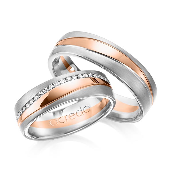 Set Bicolor Memoire-trouwringen in witgoud 14 kt. roodgoud 14 kt. volledig gezet met in totaal 0,4 ct. Briljant tw/si van acredo - A-1153-1 Set Bicolor Memoire-trouwringen in witgoud 14 kt. roodgoud 14 kt. volledig gezet met in totaal 0,4 ct. Briljant tw/si van acredo - A-1153-1