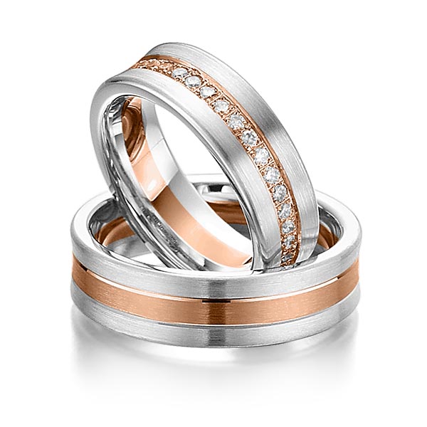 Set Bicolor Memoire-trouwringen in witgoud 14 kt. roodgoud 14 kt. volledig gezet met in totaal 0,74 ct. Briljant tw/si van Steinberg - Q-1073-1