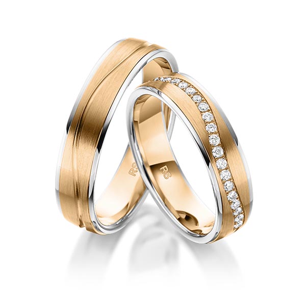 Set Bicolor Memoire-trouwringen in witgoud 14 kt. roségoud 14 kt. half gezet met in totaal 0,22 ct. Briljant tw/si van acredo