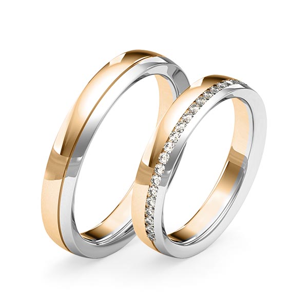 Set Bicolor Memoire-trouwringen in witgoud 14 kt. roségoud 14 kt. half gezet met in totaal 0,22 ct. Briljant tw/si van Merii