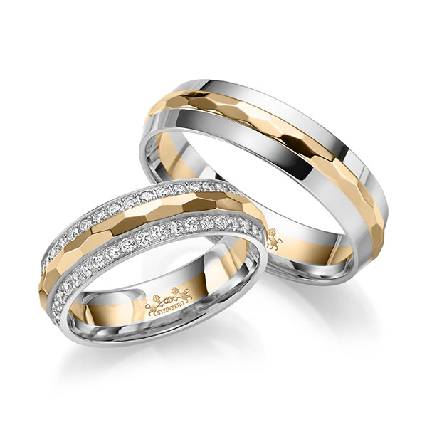 Set Bicolor Memoire-trouwringen in witgoud 14 kt. roségoud 14 kt. half gezet met in totaal 0,44 ct. Briljant tw/si van Steinberg