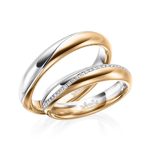 Set Bicolor Memoire-trouwringen in witgoud 14 kt. roségoud 14 kt. volledig gezet met in totaal 0,31 ct. Briljant tw/si van Steinberg