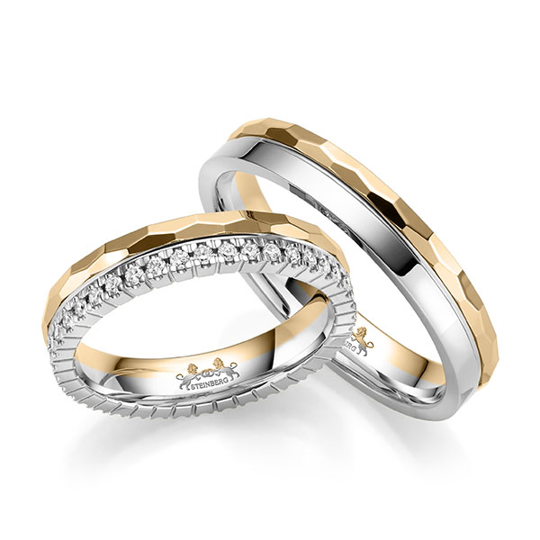 Set Bicolor Memoire-trouwringen in witgoud 14 kt. roségoud 14 kt. volledig gezet met in totaal 0,42 ct. Briljant tw/si van Steinberg