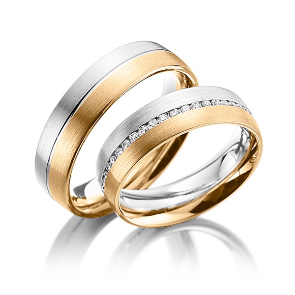 Set Bicolor Memoire-trouwringen in witgoud 14 kt. roségoud 14 kt. volledig gezet met in totaal 0,44 ct. Briljant tw/si van Steinberg - Q-1070-7