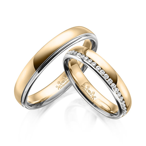 Set Bicolor Memoire-trouwringen in witgoud 14 kt. roségoud 14 kt. volledig gezet met in totaal 0,45 ct. Briljant tw/si van Steinberg