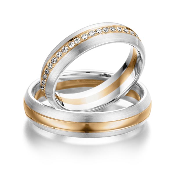 Set Bicolor Memoire-trouwringen in witgoud 14 kt. roségoud 14 kt. volledig gezet met in totaal 0,46 ct. Briljant tw/si van Steinberg