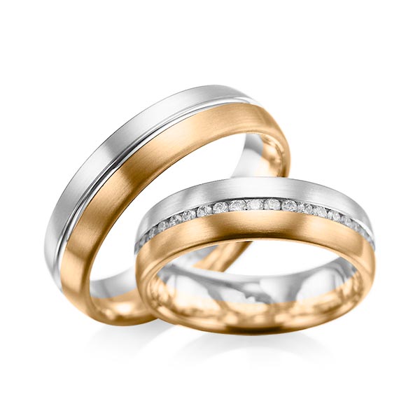 Set Bicolor Memoire-trouwringen in witgoud 14 kt. roségoud 14 kt. volledig gezet met in totaal 0,615 ct. Briljant tw/si van acredo
