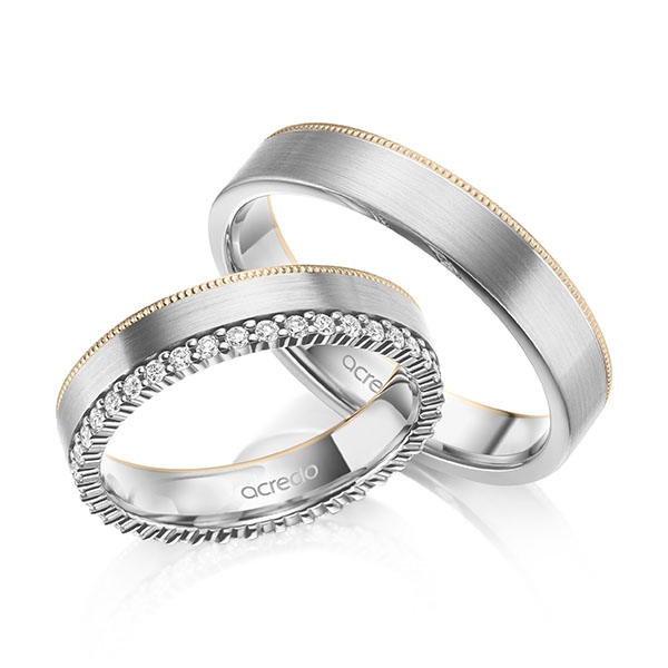 Set Bicolor Memoire-trouwringen in witgoud 14 kt. Signature Gold 585 volledig gezet met in totaal 0,38 ct. tw/si van acredo - A-2104-18 Set Bicolor Memoire-trouwringen in witgoud 14 kt. Signature Gold 585 volledig gezet met in totaal 0,38 ct. tw/si van acredo - A-2104-18