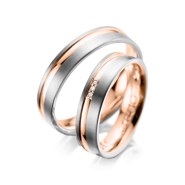 Set Bicolor trouwringen in 600 Platinahoudend metaal (60%) roodgoud 14 kt. met in totaal 0,015 ct. Briljant tw/si van acredo - A-1039-11