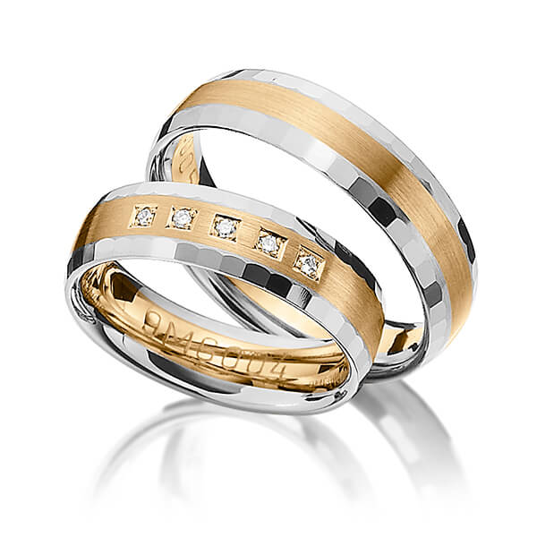 Set Bicolor trouwringen in 600 Platinahoudend metaal (60%) roségoud 14 kt. met in totaal 0,05 ct. Briljant tw/si van Merii