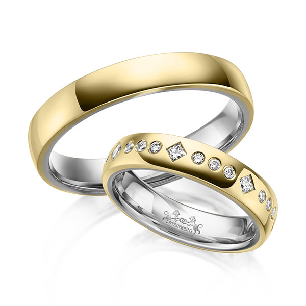 Set Bicolor trouwringen in buiten geelgoud 14 kt. , binnen grijsgoud 14 kt. met in totaal 0,42 ct. Princess-Diamant & Briljant tw/si van Steinberg