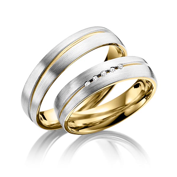 Set Bicolor trouwringen in buiten grijsgoud 14 kt. , binnen geelgoud 14 kt. met in totaal 0,05 ct. Briljant tw/si van Steinberg