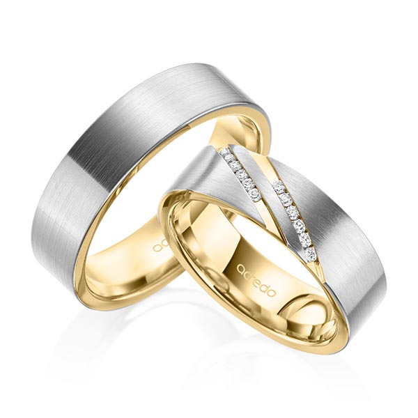 Set Bicolor trouwringen in buiten grijsgoud 14 kt. , binnen geelgoud 14 kt. met in totaal 0,12 ct. Briljant tw/si van acredo - A-2008-2