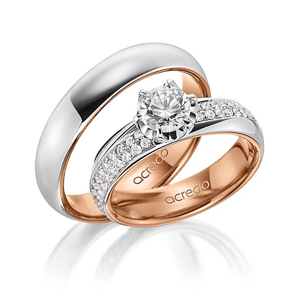 Set Bicolor trouwringen in buiten grijsgoud 14 kt. , binnen roodgoud 14 kt. met 0,7 ct. + in totaal 0,672 ct. Briljant & Briljanten tw/si tw,vs van acredo