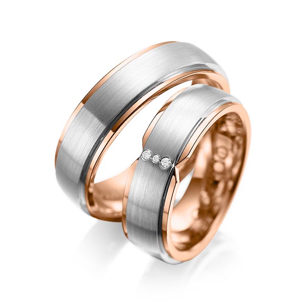 Set Bicolor trouwringen in buiten grijsgoud 14 kt. , binnen roodgoud 14 kt. met in totaal 0,025 ct. Briljant tw/si van acredo - A-1063-1