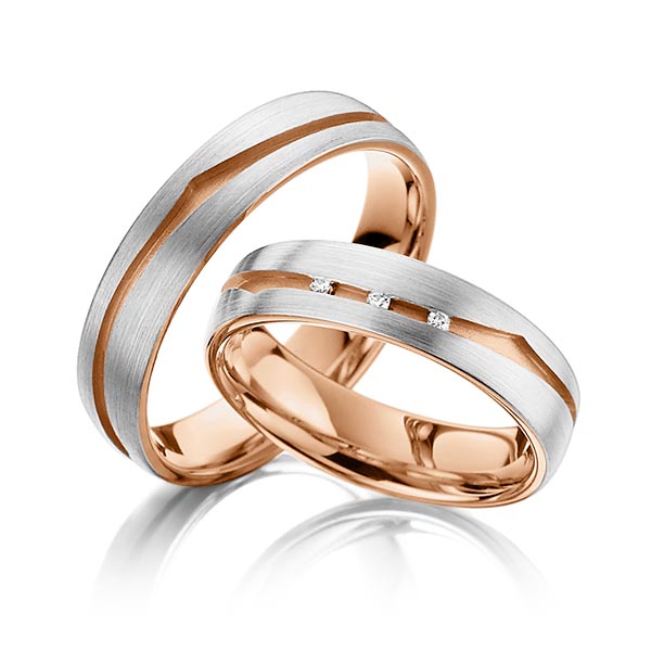 Set Bicolor trouwringen in buiten grijsgoud 14 kt. , binnen roodgoud 14 kt. met in totaal 0,03 ct. Briljant tw/si van Steinberg - T-1144-1