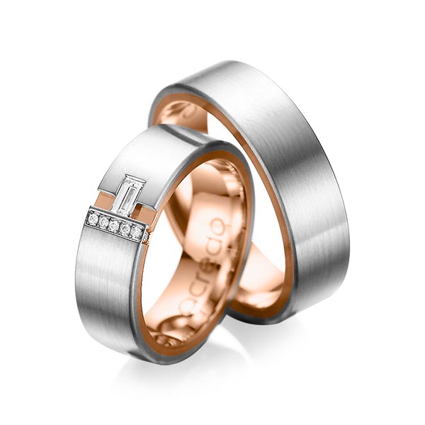 Set Bicolor trouwringen in buiten grijsgoud 14 kt. , binnen roodgoud 14 kt. met in totaal 0,155 ct. Baguette-Diamant & Briljant tw,vs tw/si van acredo - A-1066-1