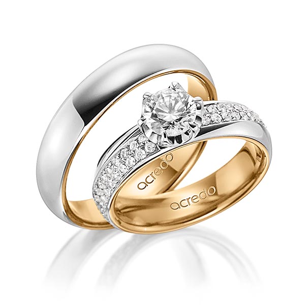 Set Bicolor trouwringen in buiten grijsgoud 14 kt. , binnen roségoud 14 kt. met 0,7 ct. + in totaal 0,672 ct. Briljant & Briljanten tw/si tw,vs van acredo
