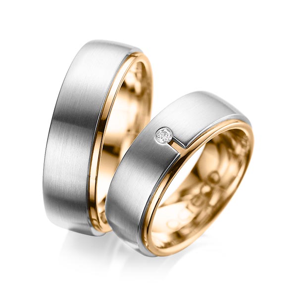 Set Bicolor trouwringen in buiten grijsgoud 14 kt. , binnen roségoud 14 kt. met in totaal 0,03 ct. Briljant tw/si van acredo - A-1090-5