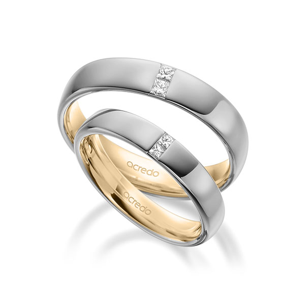Set Bicolor trouwringen in buiten grijsgoud 14 kt. , binnen roségoud 14 kt. met in totaal 0,18 ct. Princess-Diamant tw/si van acredo