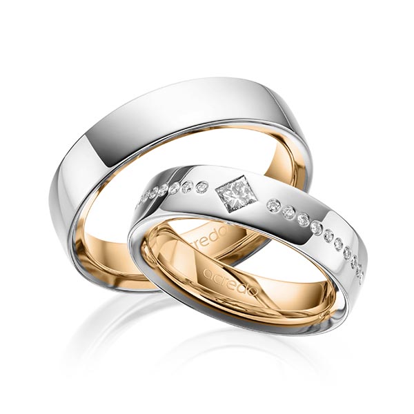 Set Bicolor trouwringen in buiten grijsgoud 14 kt. , binnen roségoud 14 kt. met in totaal 0,326 ct. Princess-Diamant & Briljant tw/si van acredo - A-1626-1