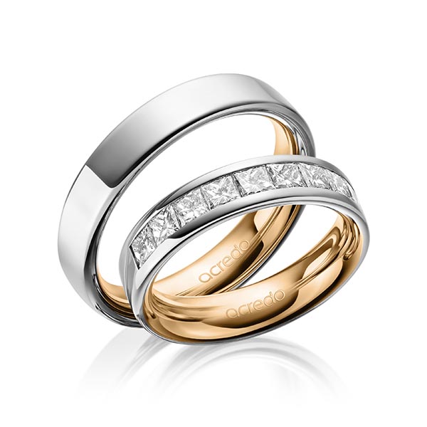 Set Bicolor trouwringen in buiten grijsgoud 14 kt. , binnen roségoud 14 kt. met in totaal 1,2 ct. Princess-Diamant tw/si van acredo