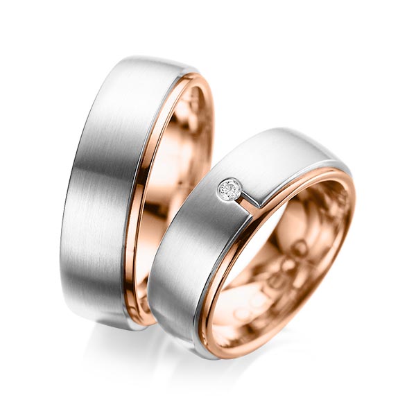 Set Bicolor trouwringen in buiten platina 950 , binnen roodgoud 18 kt. met in totaal 0,03 ct. Briljant tw/si van acredo - A-1090-6