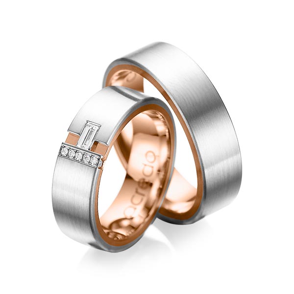 Set Bicolor trouwringen in buiten platina 950 , binnen roodgoud 18 kt. met in totaal 0,155 ct. Baguette-Diamant & Briljant tw,vs tw/si van acredo - A-1066-2