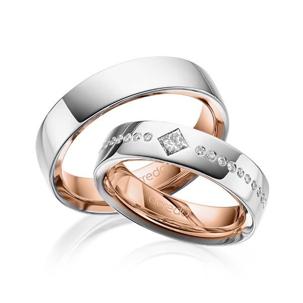 Set Bicolor trouwringen in buiten platina 950 , binnen roodgoud 18 kt. met in totaal 0,326 ct. Princess-Diamant & Briljant tw/si van acredo - A-1626-11