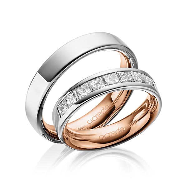 Set Bicolor trouwringen in buiten platina 950 , binnen roodgoud 18 kt. met in totaal 1,2 ct. Princess-Diamant tw/si van acredo - A-1678-9