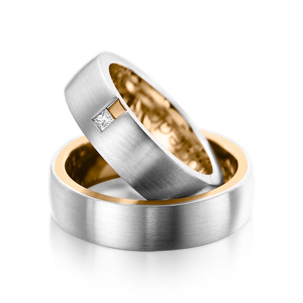 Set Bicolor trouwringen in buiten platina 950 , binnen roségoud 18 kt. met in totaal 0,06 ct. Princess-Diamant tw/si van acredo - A-1091-10