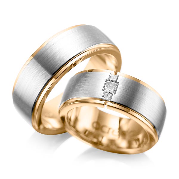 Set Bicolor trouwringen in buiten platina 950 , binnen roségoud 18 kt. met in totaal 0,21 ct. Princess-Diamant tw/si van acredo - A-1087-4