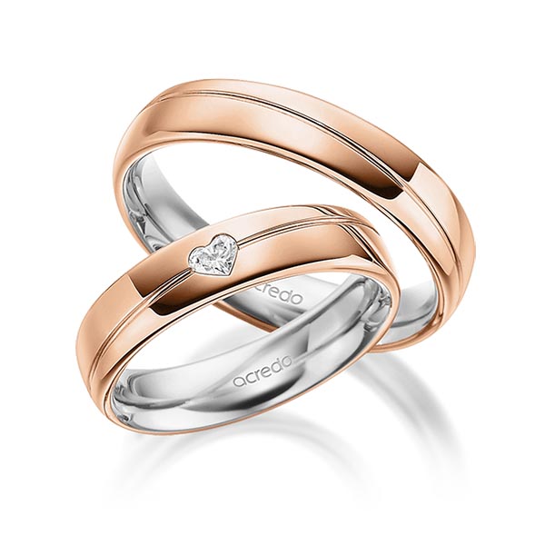 Set Bicolor trouwringen in buiten roodgoud 14 kt. , binnen grijsgoud 14 kt. met in totaal 0,1 ct. Hart-Diamant tw,vs van acredo - A-1805-3