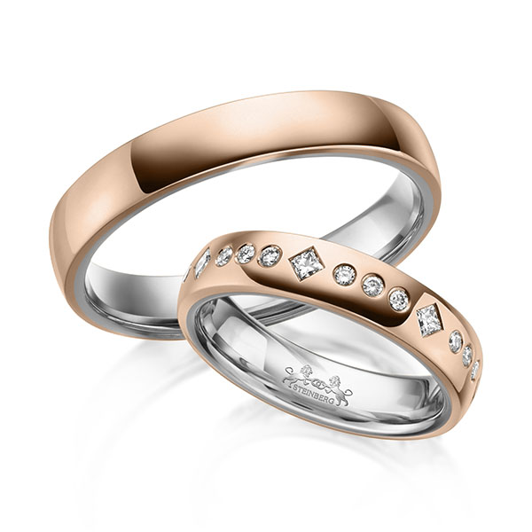 Set Bicolor trouwringen in buiten roodgoud 14 kt. , binnen grijsgoud 14 kt. met in totaal 0,42 ct. Princess-Diamant & Briljant tw/si van Steinberg