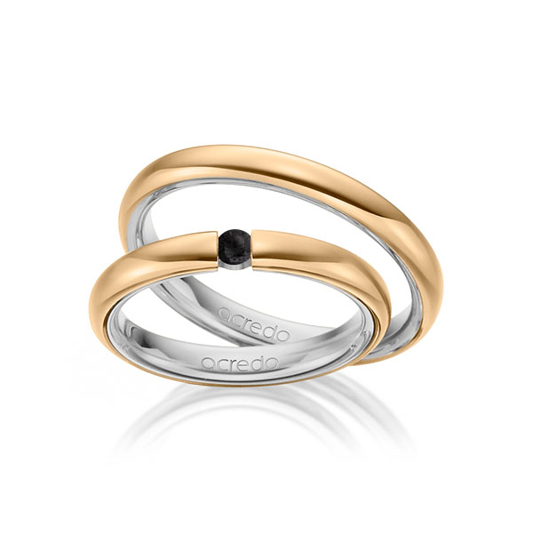 Set Bicolor trouwringen in buiten roségoud 14 kt. , binnen grijsgoud 14 kt. met in totaal 0,08 ct. Briljant Zwart van acredo