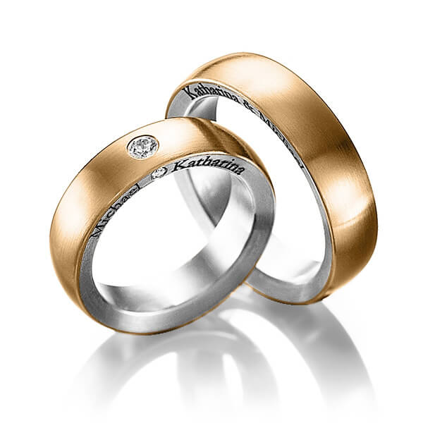 Set Bicolor trouwringen in buiten roségoud 14 kt. , binnen grijsgoud 14 kt. met in totaal 0,11 ct. Briljant tw/si van Steinberg