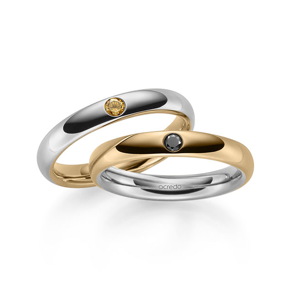 Set Bicolor trouwringen in buiten roségoud 14 kt. , binnen grijsgoud 14 kt. met in totaal 0,12 ct. Briljant Zwart Cognac van acredo