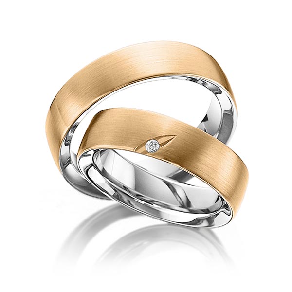 Set Bicolor trouwringen in buiten roségoud 18 kt. , binnen platina 950 met in totaal 0,025 ct. Briljant tw/si van Eternal Touch