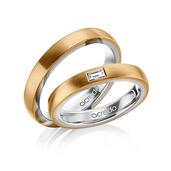 Set Bicolor trouwringen in buiten roségoud 18 kt. , binnen platina 950 met in totaal 0,15 ct. Baguette-Diamant tw,vs van acredo