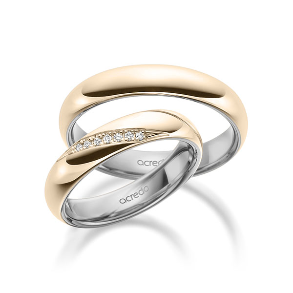 Set Bicolor trouwringen in buiten Signature Goud 585 , binnen grijsgoud 14 kt. met in totaal 0,056 ct. Briljant tw/si van acredo