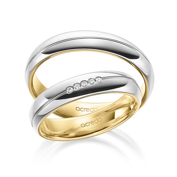 Set Bicolor trouwringen in buiten witgoud 14 kt. , binnen geelgoud 14 kt. met in totaal 0,025 ct. Briljant tw/si van acredo