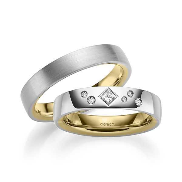 Set Bicolor trouwringen in buiten witgoud 14 kt. , binnen geelgoud 14 kt. met in totaal 0,146 ct. Briljant & Princess-Diamant tw/si van acredo - A-2133-1 Set Bicolor trouwringen in buiten witgoud 14 kt. , binnen geelgoud 14 kt. met in totaal 0,146 ct. Briljant & Princess-Diamant tw/si van acredo - A-2133-1