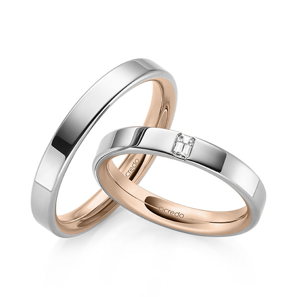 Set Bicolor trouwringen in buiten witgoud 14 kt. , binnen roodgoud 14 kt. met in totaal 0,1 ct. tw,vs van acredo - A-2136-1 Set Bicolor trouwringen in buiten witgoud 14 kt. , binnen roodgoud 14 kt. met in totaal 0,1 ct. tw,vs van acredo - A-2136-1