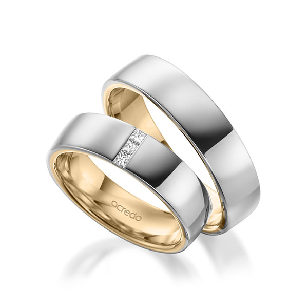 Set Bicolor trouwringen in buiten witgoud 14 kt. , binnen roségoud 14 kt. met in totaal 0,09 ct. Princess-Diamant tw/si van acredo - A-2009-11
